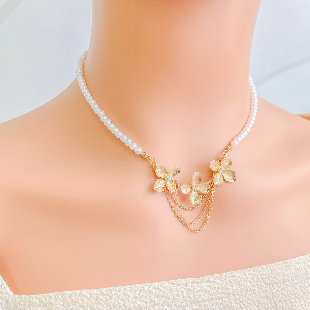 Metallic Microinlay Flower Pearl Necklace