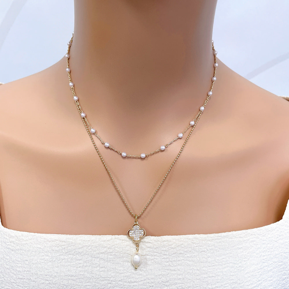 Pearl Copper Set Zirconium Four-leaf Clover Necklace