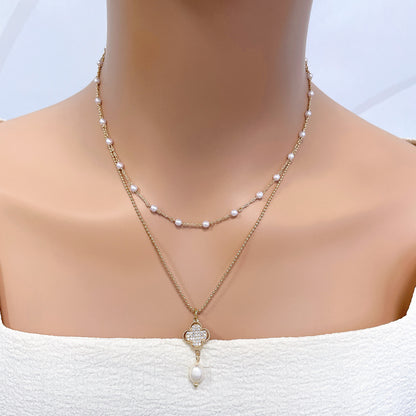 Pearl Copper Set Zirconium Four-leaf Clover Necklace