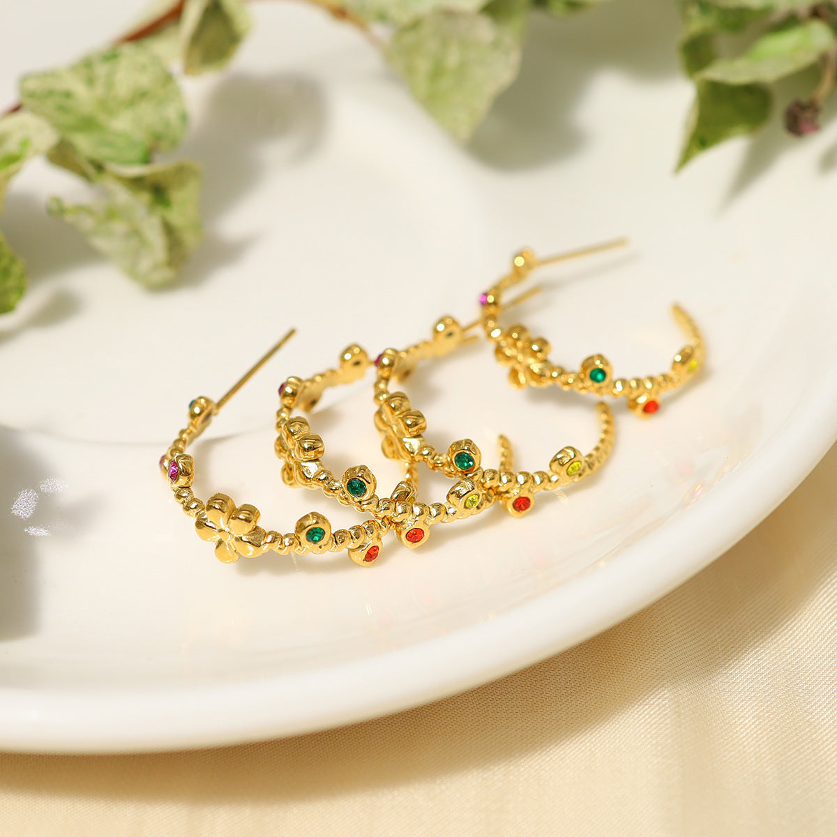 Gold-plated Stainless Steel Flower Zircon Earrings