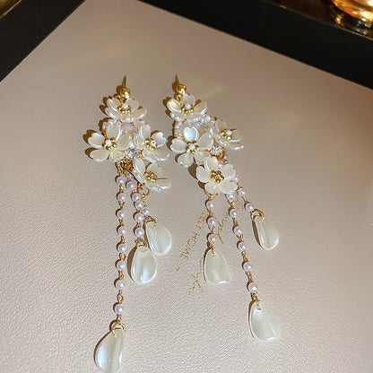 French Flower Earrings with Diamond and Pearl Fringe