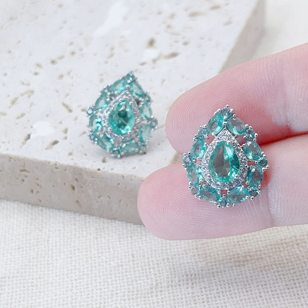 Pear-Shaped Light Blue Zircon Inlaid Earrings