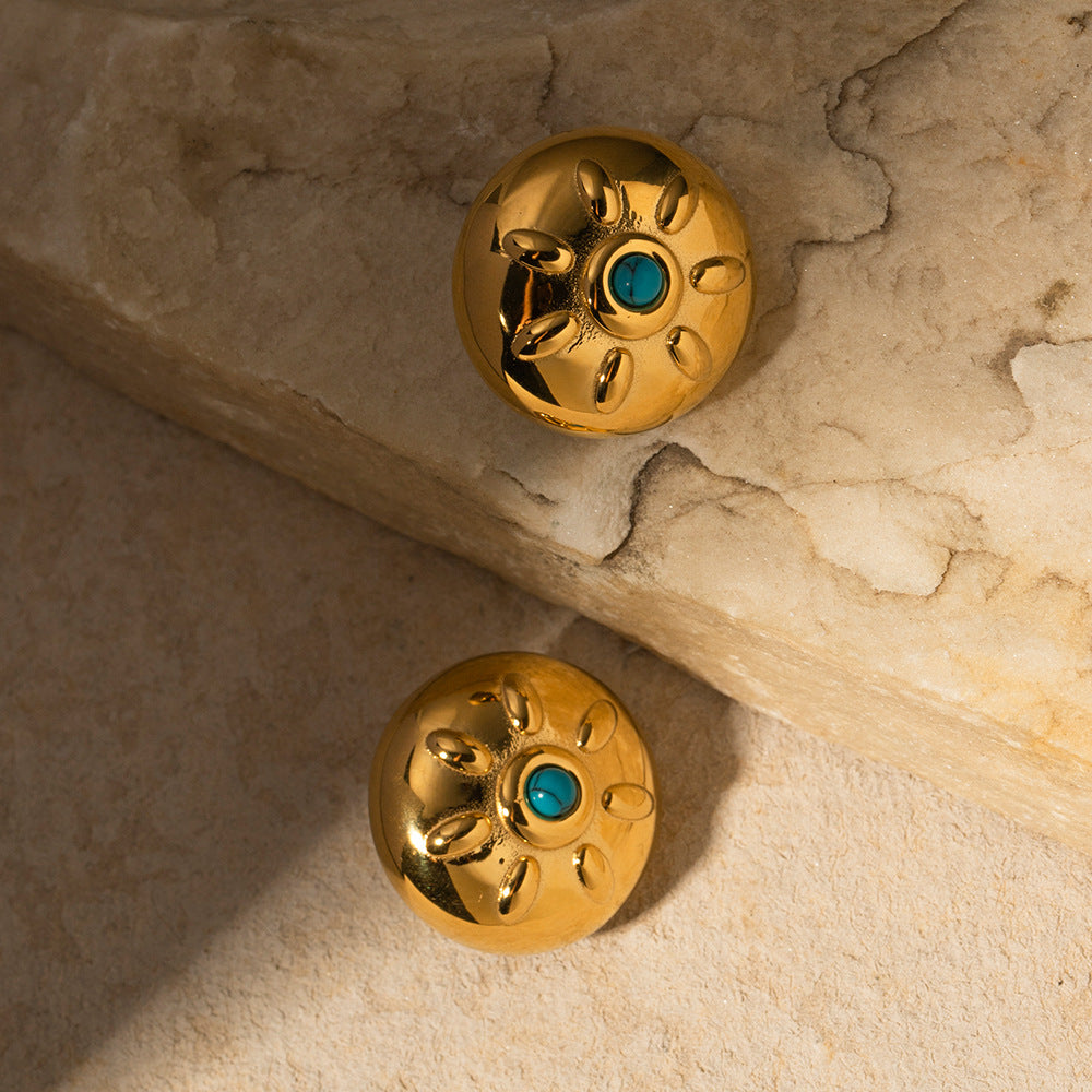 Gold Stainless Steel Turquoise Stud Earrings