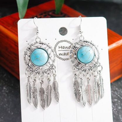 Turquoise Color Silver Feather Tassel Earrings