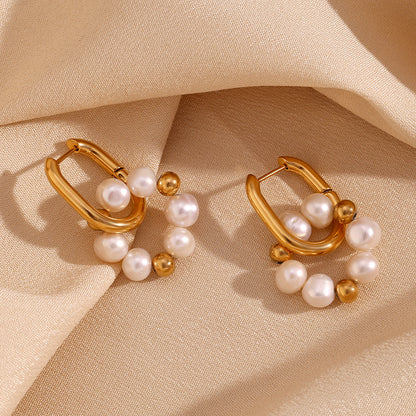 Stainless Steel Pearl Flower U-shaped Earrings