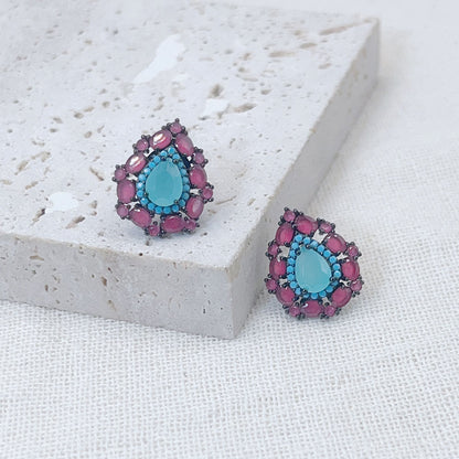 Turquoise Pear-Shaped Pink Zircon Inlaid Earrings