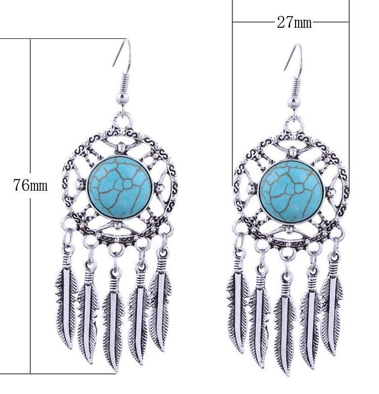 Turquoise Color Silver Feather Tassel Earrings