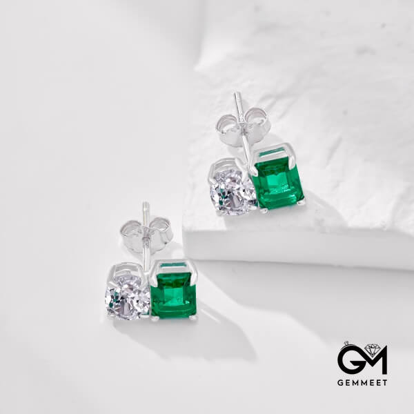 S925 Sterling Silver White Oval Green Rectangular Zircon Earrings