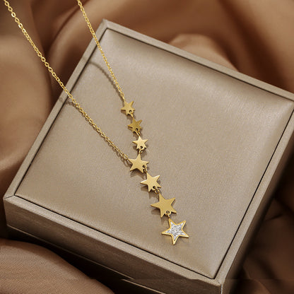 Gold Micro Diamond Six Stars Simple Titanium Steel Necklace