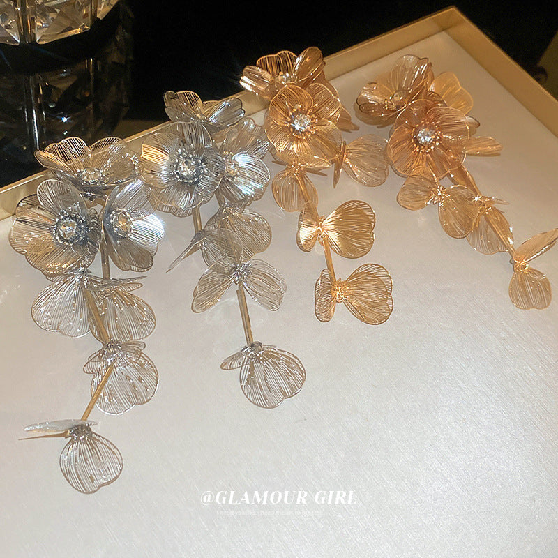 Stylish Long Tassel Earrings with Diamonds and Flowers