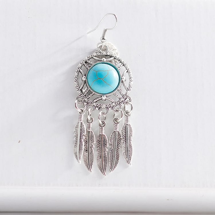 Turquoise Color Silver Feather Tassel Earrings