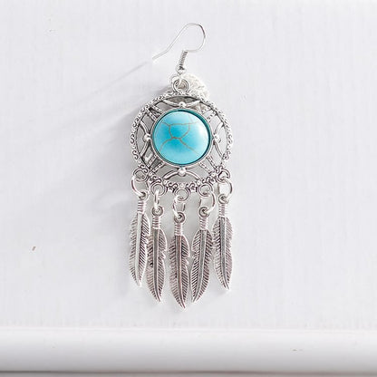 Turquoise Color Silver Feather Tassel Earrings