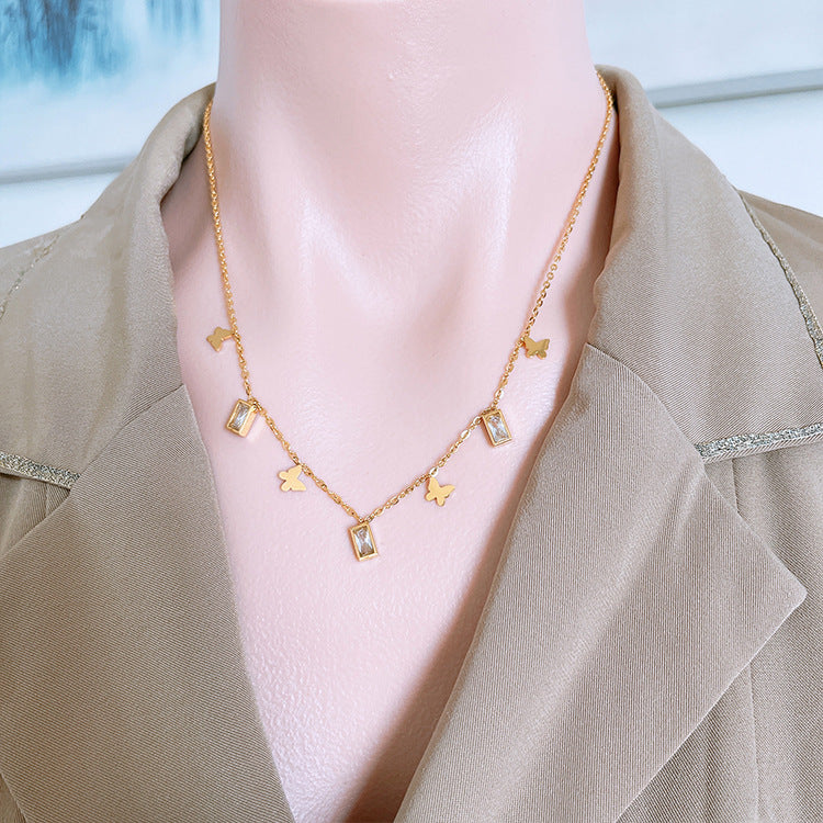 Smooth Butterfly Lock Rectangular Zircon Titanium Steel Necklace