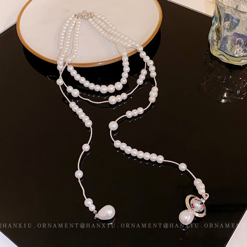 Multi-layer Zircon Pearl Saturn Necklace