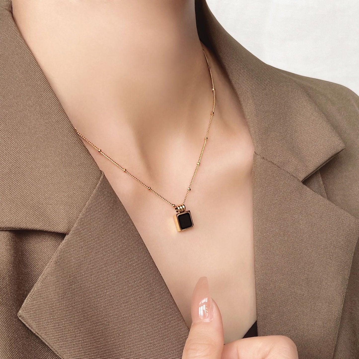 Square Black Fritillary Light Luxury French Clavicle Titanium Steel Necklace