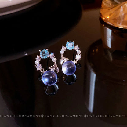 Silver Needle Zircon Fishtail Circle Earrings