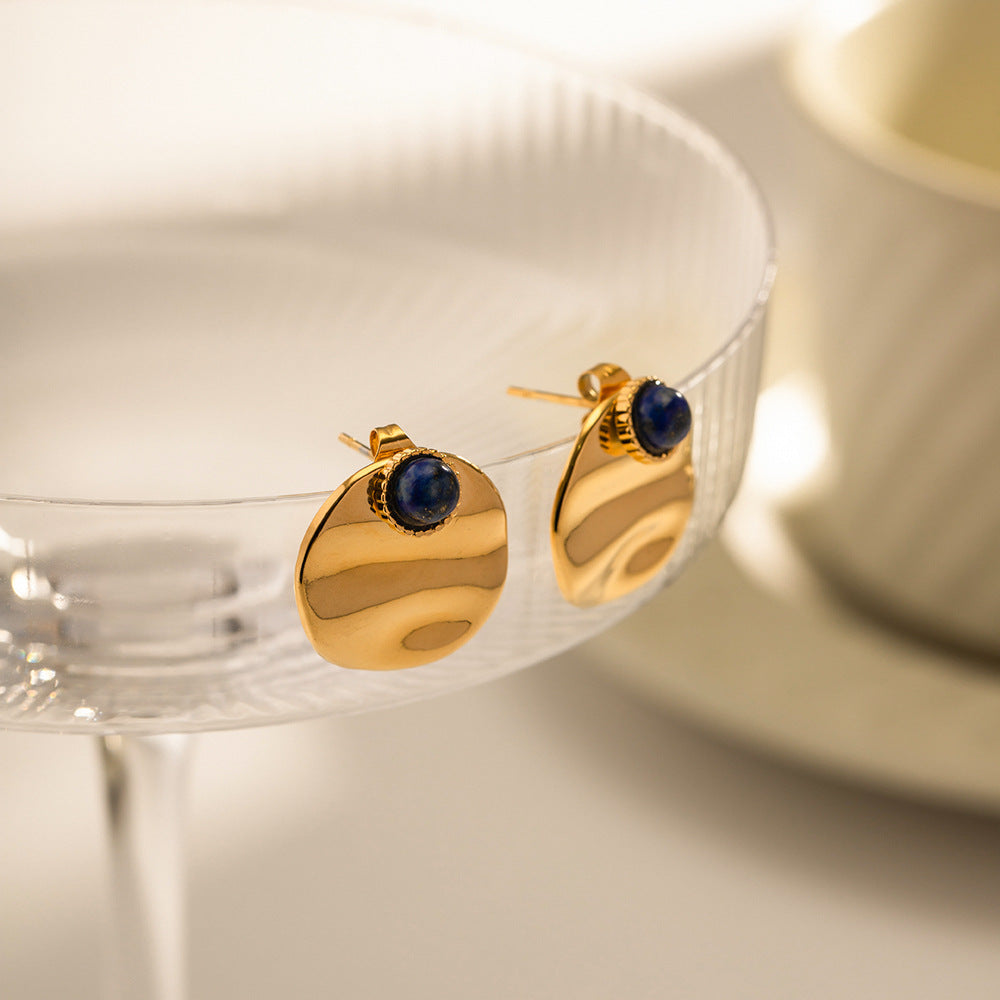 Stainless Steel Stud Earrings with Lapis Lazuli