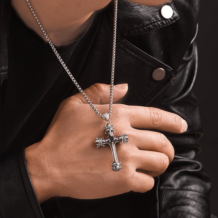 Vintage Design Sterling Silver Roman Column Zircon Cross Pendants Necklace