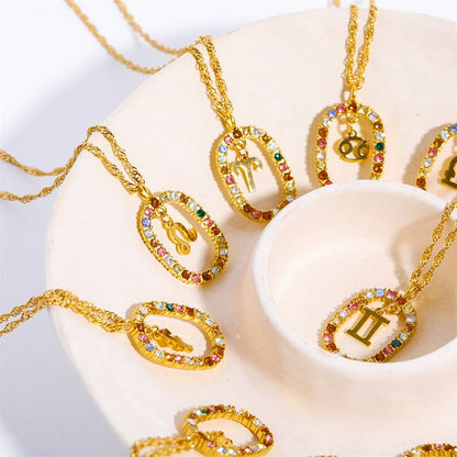 Zircon Openwork Oval Constellation Zodiac Necklace