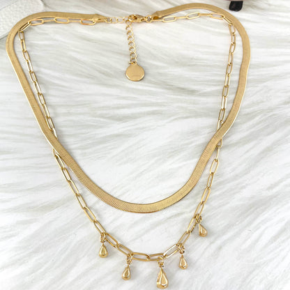 Snake Bone Hollow Water Drop Zircon Double Necklace