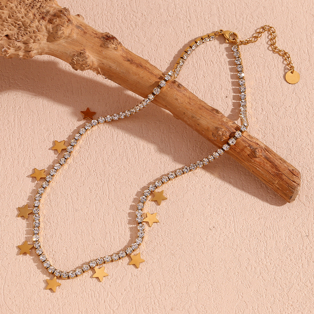 Stainless Steel Pentagram Full of Zircon Necklace