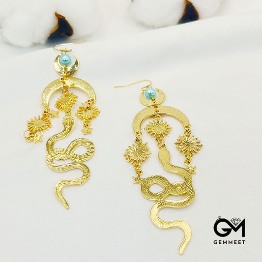 Creative Bohemian Tahiti Pearl Gold Moon Snake Earrings