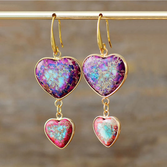 Purple & Rose Red Emperor Stone Double Heart Drop Earrings