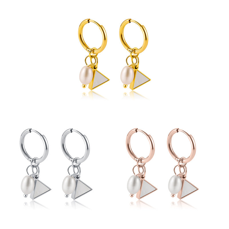 Simple Temperament Titanium Steel All-match Triangle Pearl Earrings