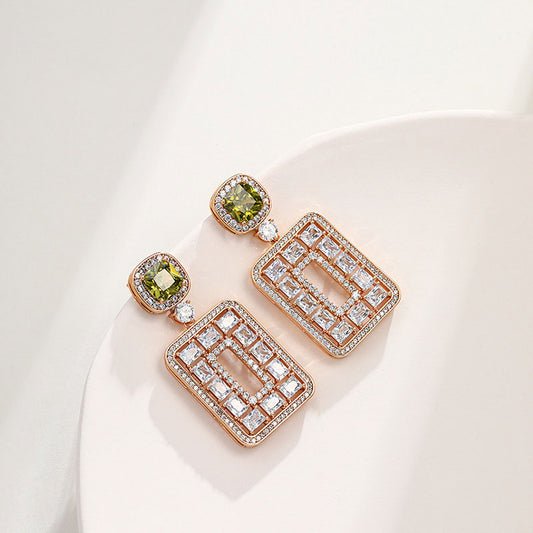 Olive Green Zircon Square Stud Earrings