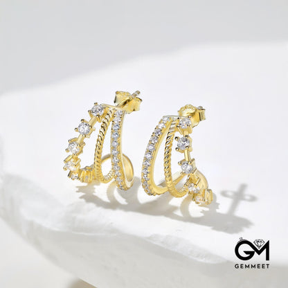 S925 Pure Silver Zircon Hollow Half-round Golden Earrings