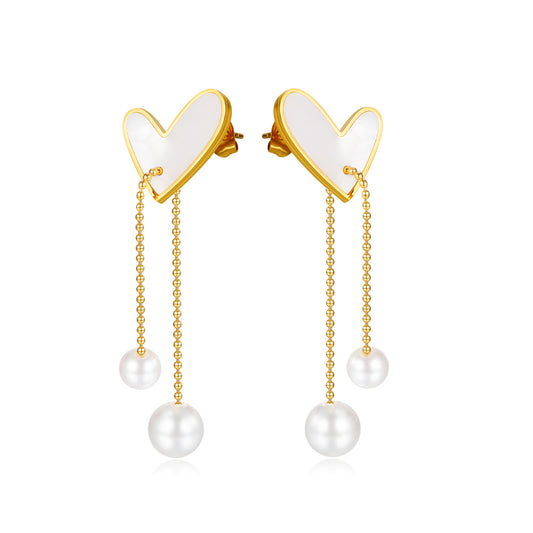 Titanium Steel Heart Pearl  Drop Earrings