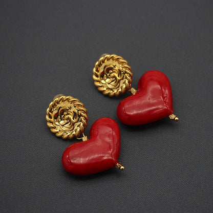 Small Red Love Hand-fired Glass Retro Earrings