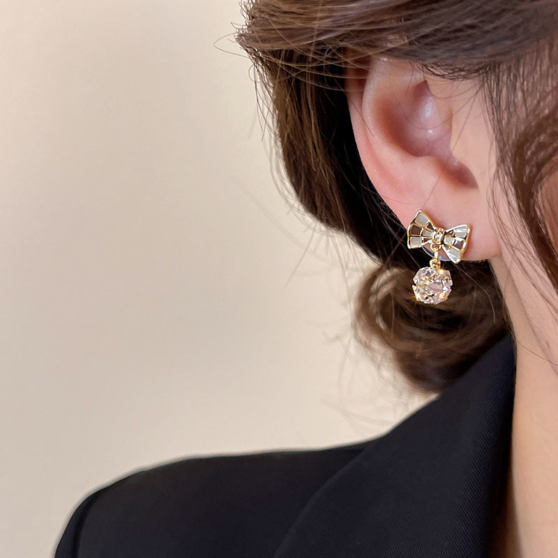 Electroplated Chequered Bow Zircon Ball Earrings