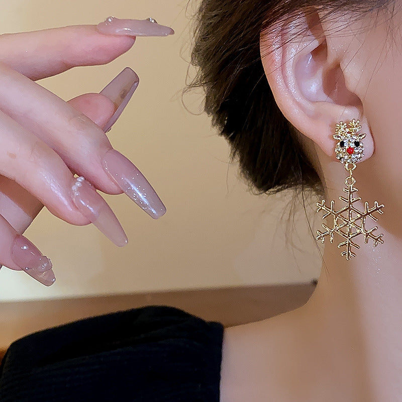 Cute Full Stones Elk & Snowflake Drop Earrings