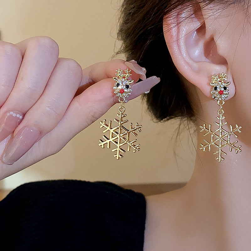 Cute Full Stones Elk & Snowflake Drop Earrings