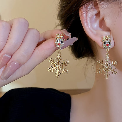 Cute Full Stones Elk & Snowflake Drop Earrings