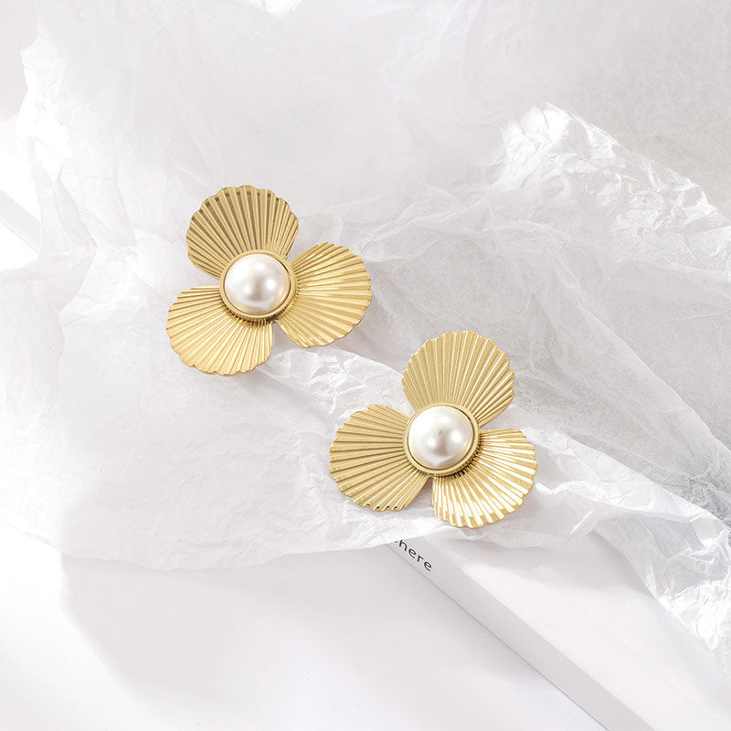 Gold Titanium Steel Pearl Flower Earrings