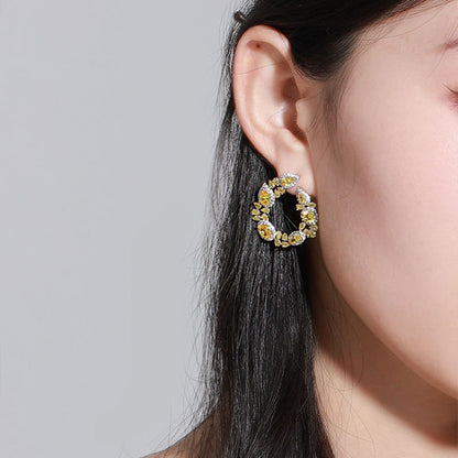 Drop Circle Floral Micro-encrusted Zirconia Stud Earrings