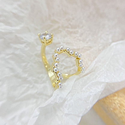 Temperament All-match Pearl Zircon Opening New Ring
