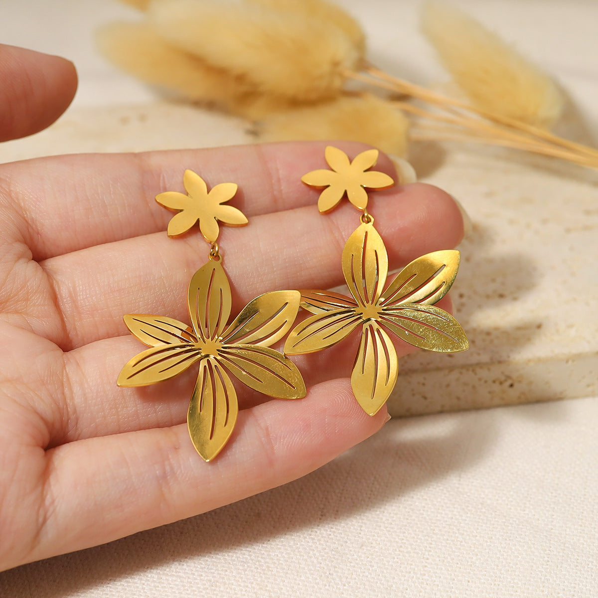 Gold Stainless Steel Petal Earrings