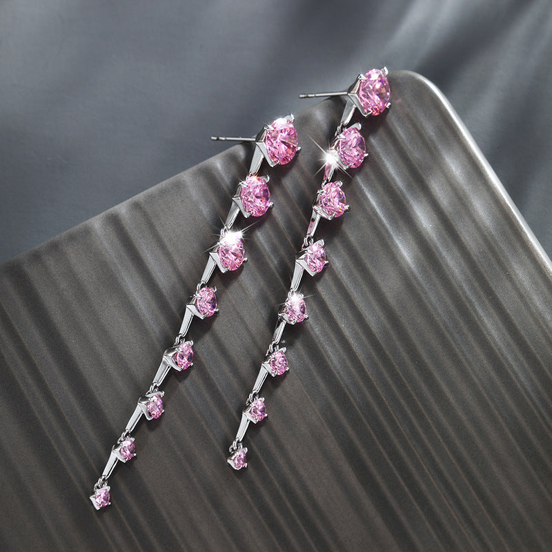 Sakura Pink Zircon Long Tassel Earrings