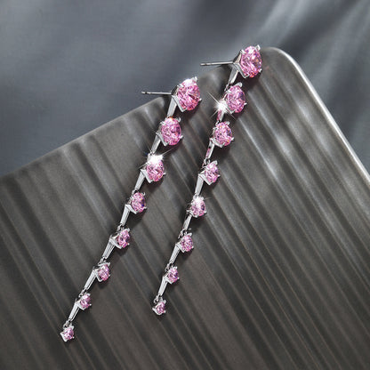 Sakura Pink Zircon Long Tassel Earrings
