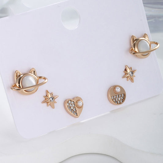 One Card Three Pairs Set Cat Love Star Stud Earrings