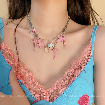 Five-pointed Bow Bear Double Necklace