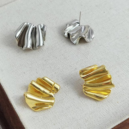 French Brass Stud Earrings with Irregular Pleats