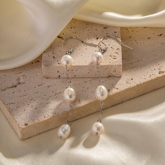 Stainless Steel Pearl Tassel Earrings