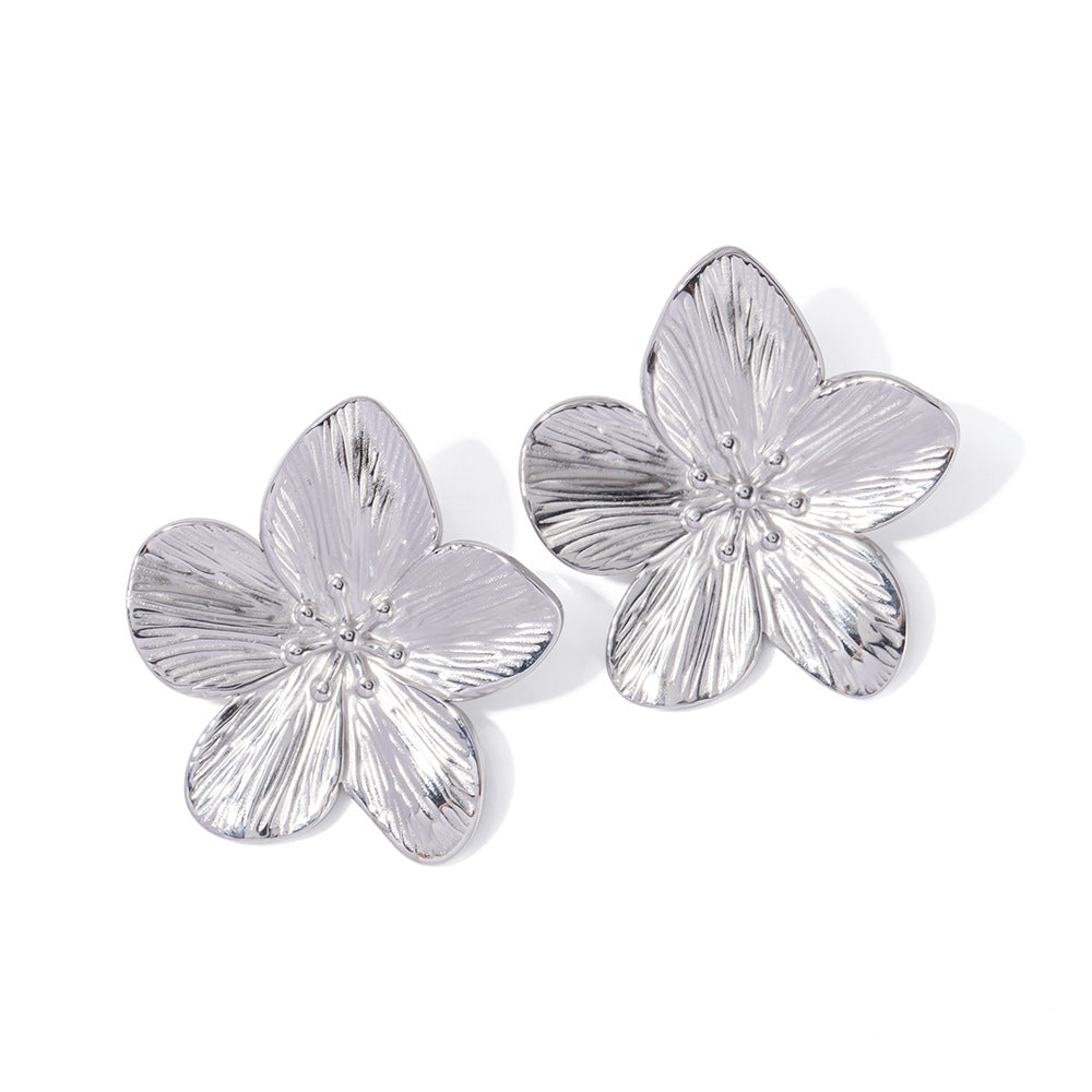 Silver Titanium Steel Flower Earrings