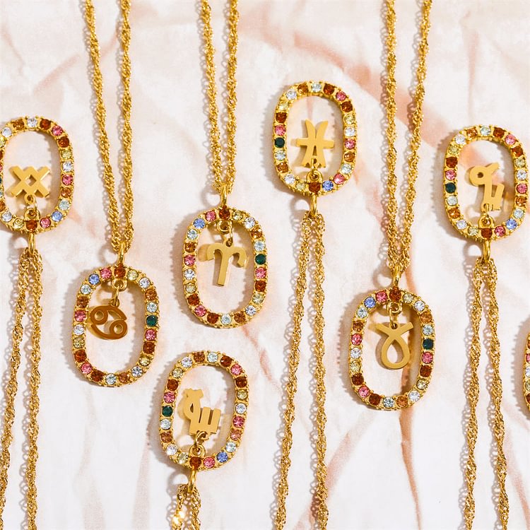 Zircon Openwork Oval Constellation Zodiac Necklace