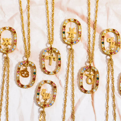 Zircon Openwork Oval Constellation Zodiac Necklace