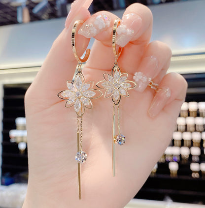 Temperament Flower Long Tassel S925 Silver Needle Earrings